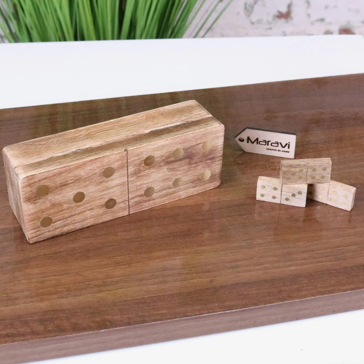 Kumari Mango Wood Domino Set with Brass Inlay and Box