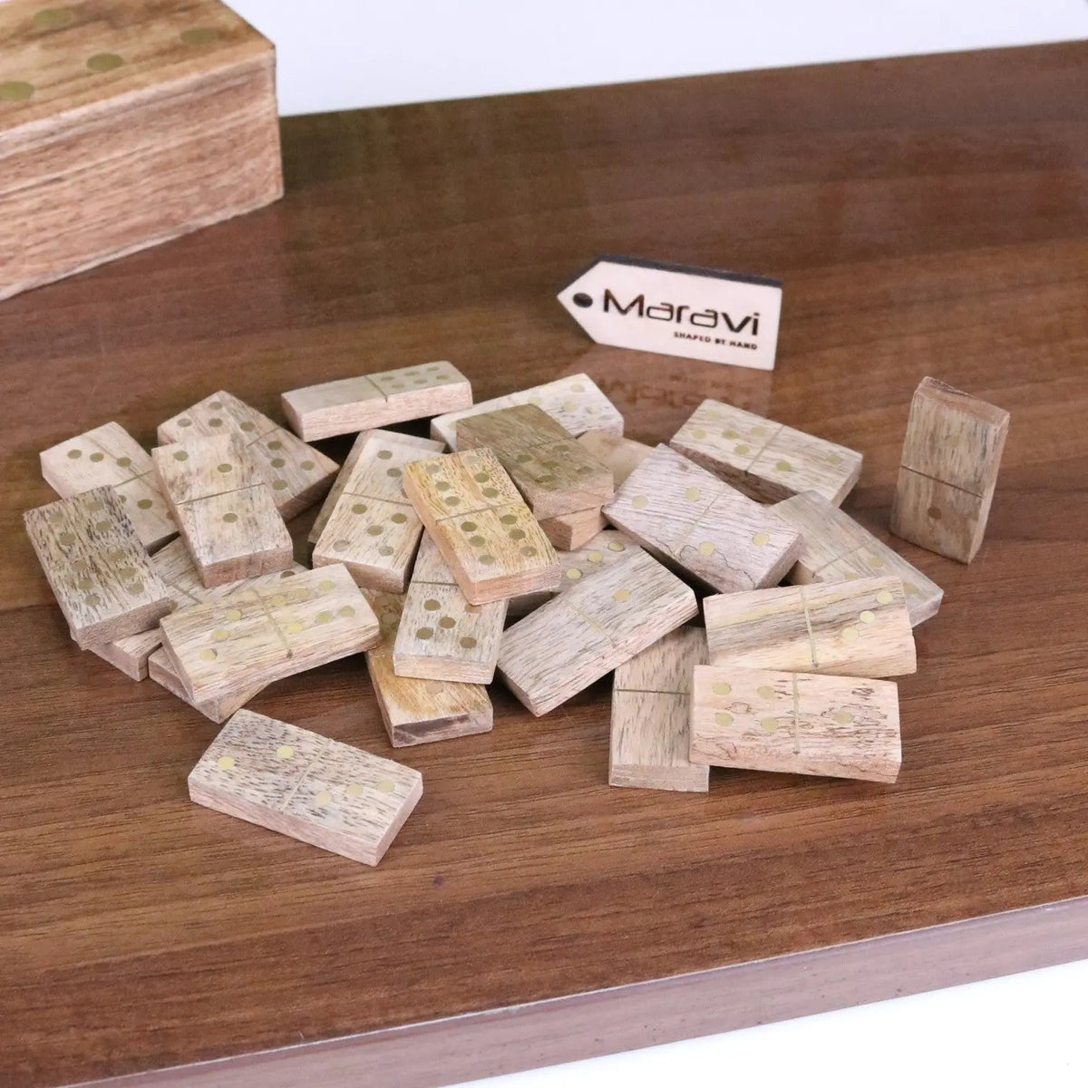 Kumari Mango Wood Domino Set with Brass Inlay and Box