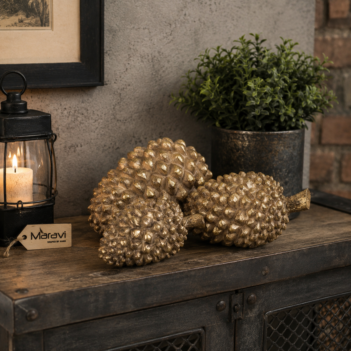Kurki Antiqued Gold Resin Pinecone Ornaments, Set of 3