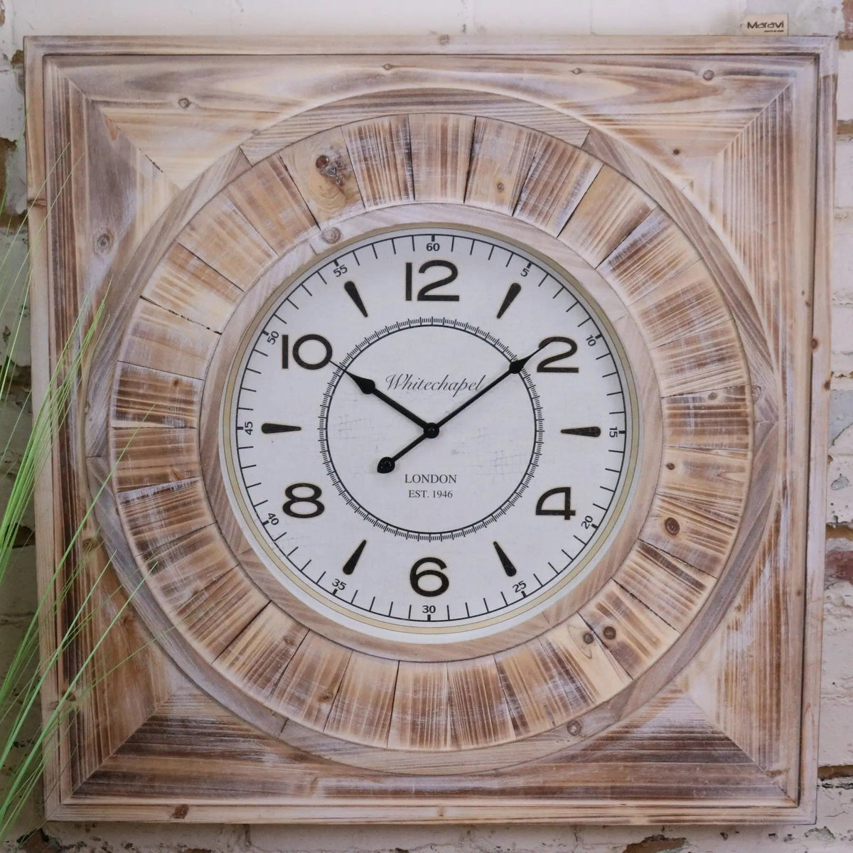 Large Square Wooden Wall Clock 80 cm, Distressed Antique Finish