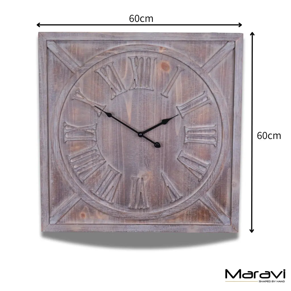 Large Square Wooden Wall Clock 60 cm, Distressed White or Grey
