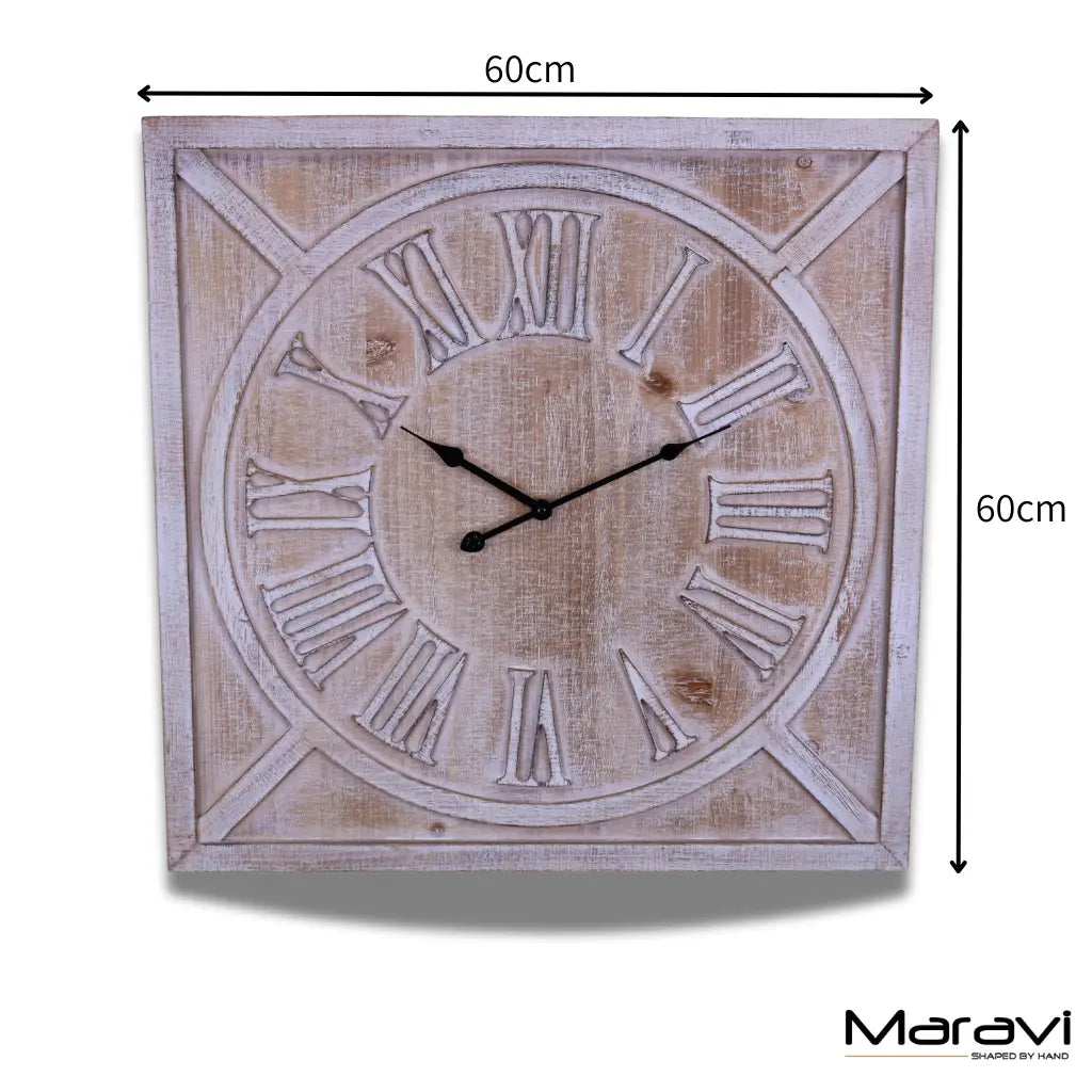 Large Square Wooden Wall Clock 60 cm, Distressed White or Grey