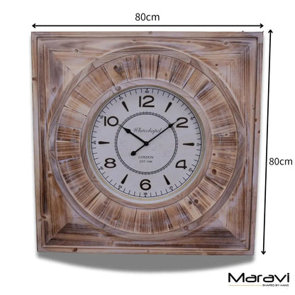 Large Square Wooden Wall Clock 80 cm, Distressed Antique Finish