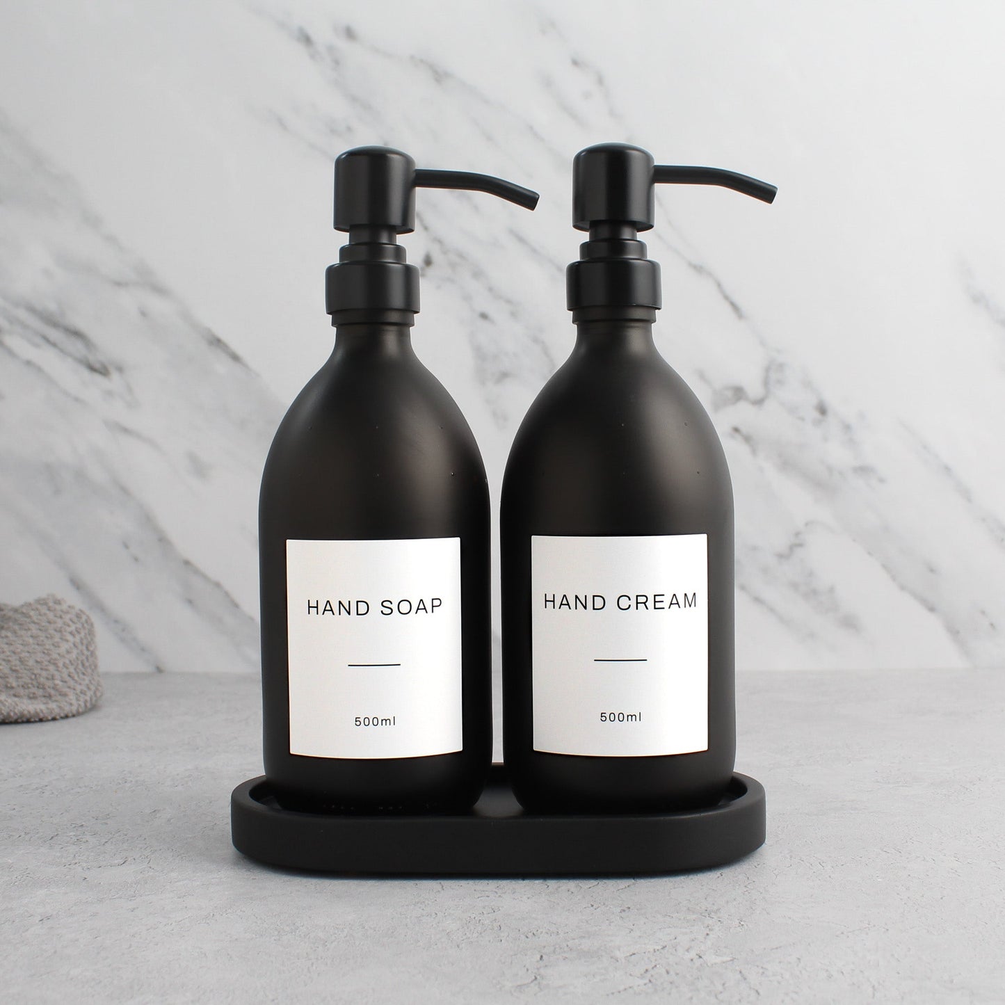 Namie Black Concrete Tray & Matte Black Glass Dispenser Double Set
