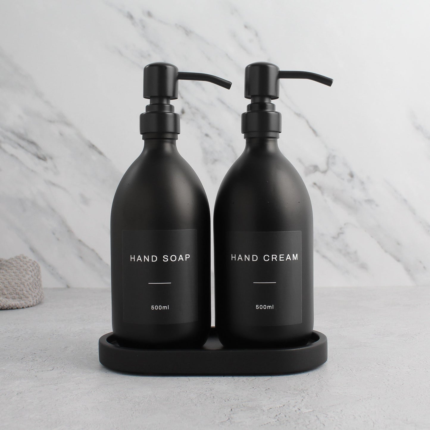 Namie Black Concrete Tray & Matte Black Glass Dispenser Double Set