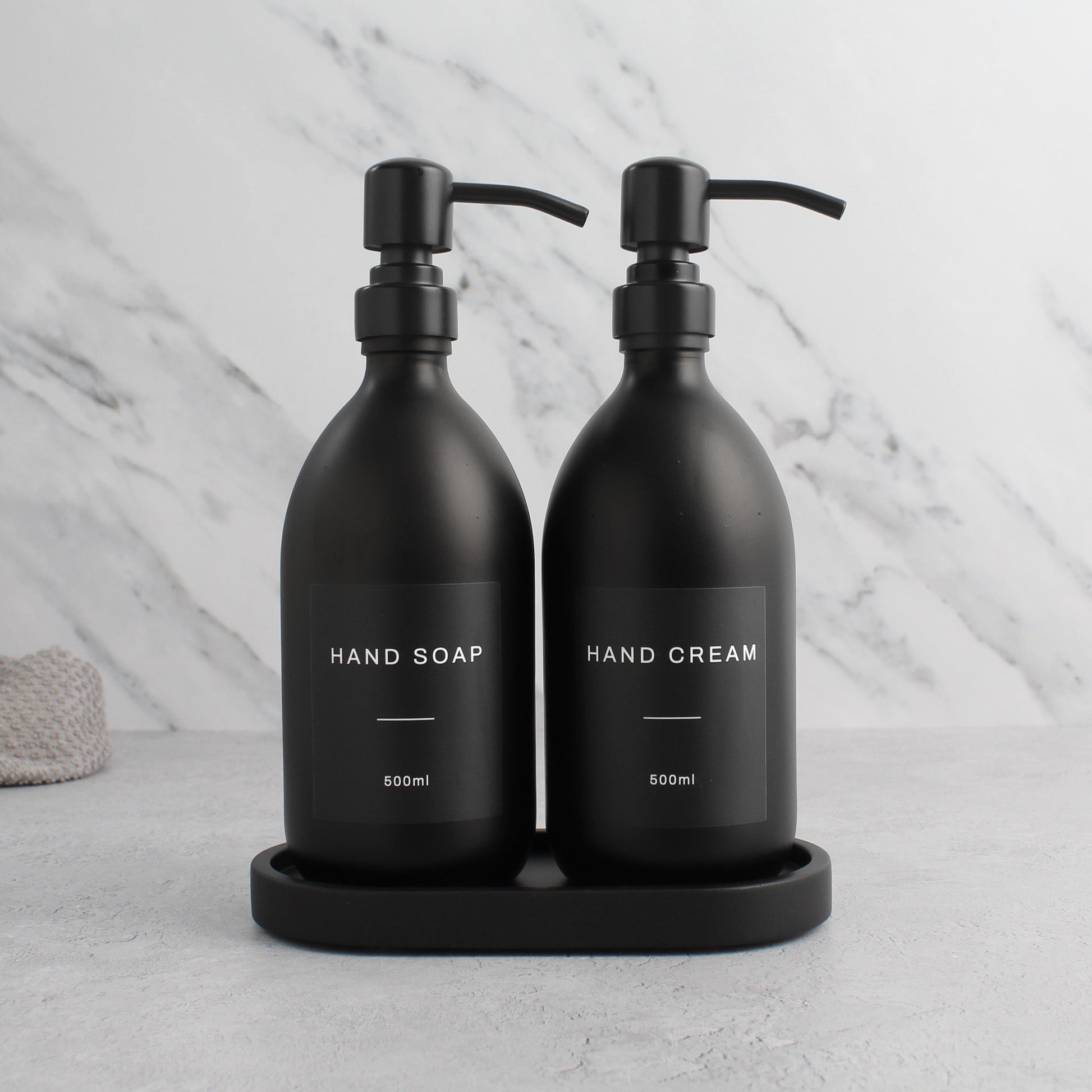 Namie Black Concrete Tray & Matte Black Glass Dispenser Double Set
