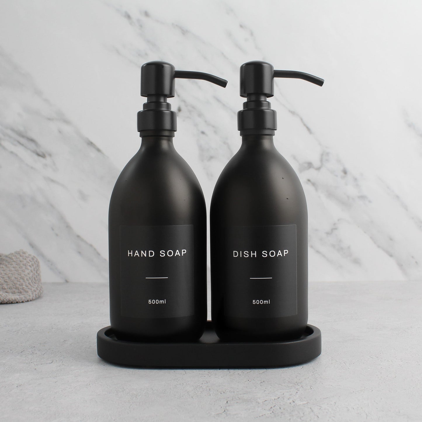 Namie Black Concrete Tray & Matte Black Glass Dispenser Double Set