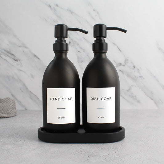 Namie Black Concrete Tray & Matte Black Glass Dispenser Double Set