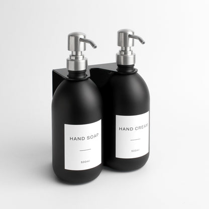 Namie Matte Black Wall Mounted Dispenser Bracket Set with Matte Black Bottles