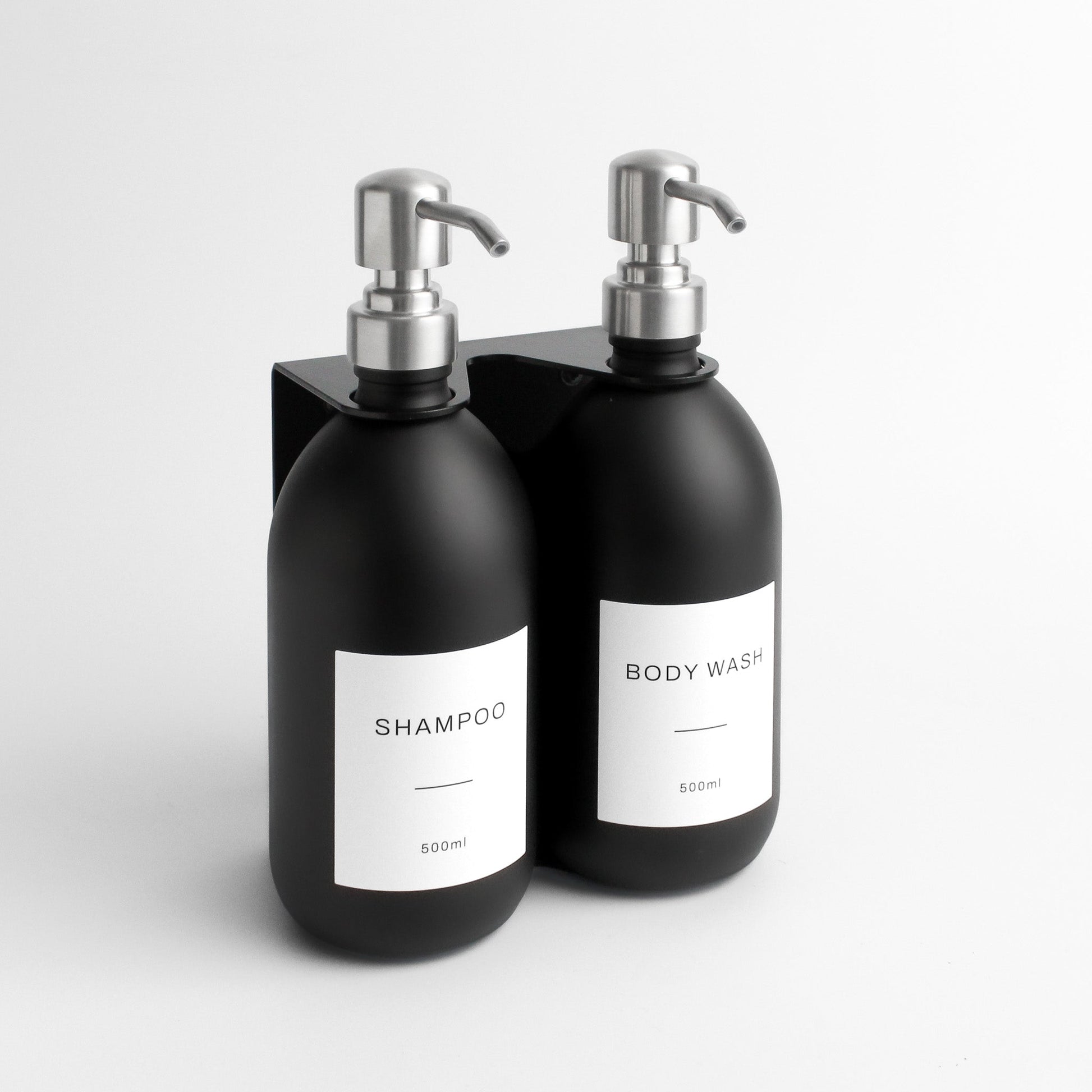 Namie Matte Black Wall Mounted Dispenser Bracket Set with Matte Black Bottles