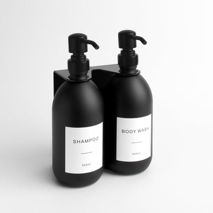 Namie Matte Black Wall Mounted Dispenser Bracket Set with Matte Black Bottles