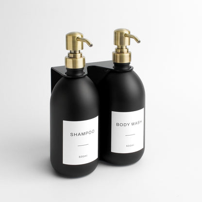Namie Matte Black Wall Mounted Dispenser Bracket Set with Matte Black Bottles