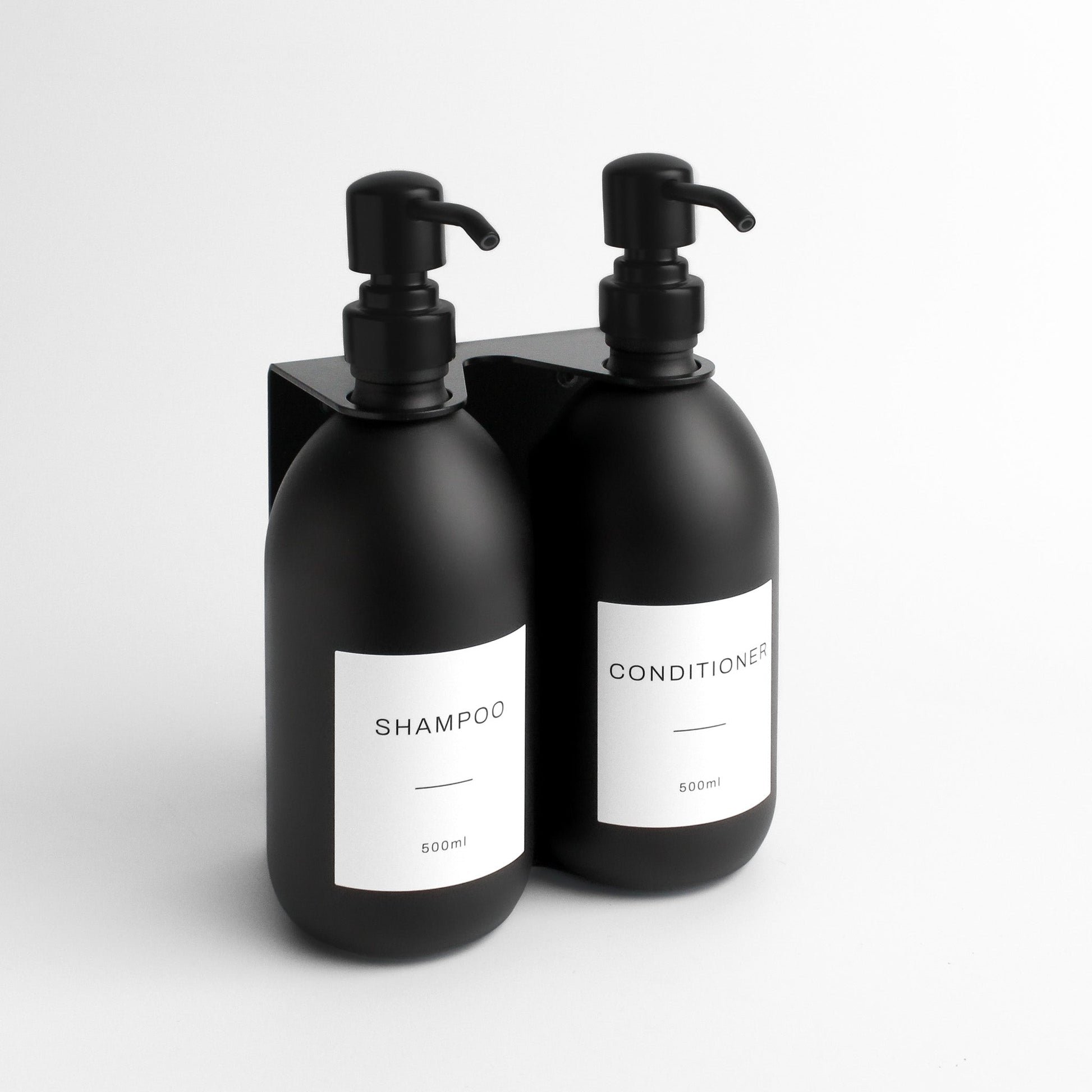 Namie Matte Black Wall Mounted Dispenser Bracket Set with Matte Black Bottles