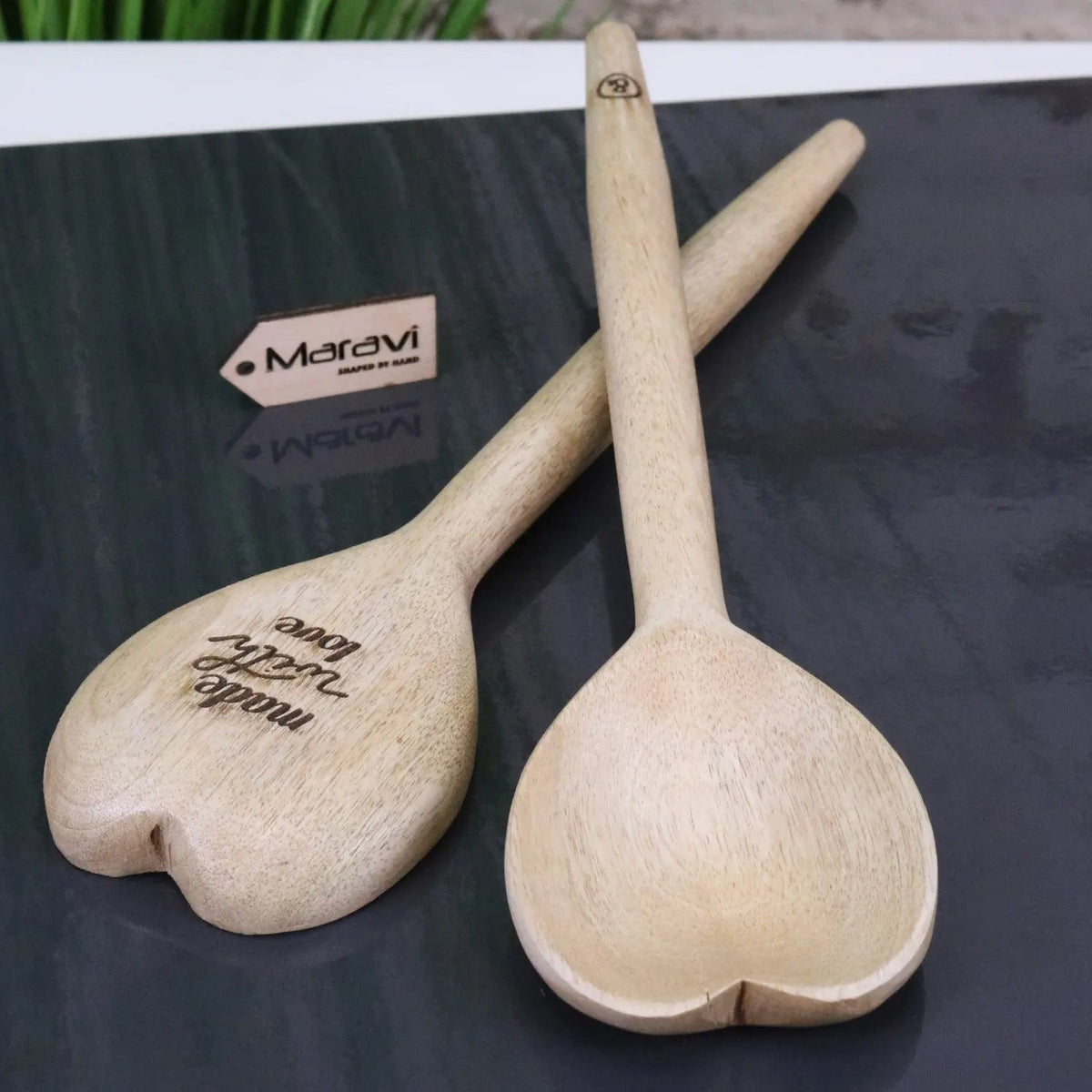 Marula Mango Wood Heart Spoons, Set of 2