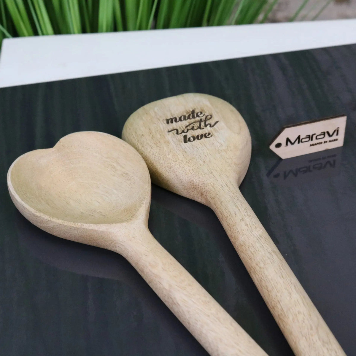 Marula Mango Wood Heart Spoons, Set of 2