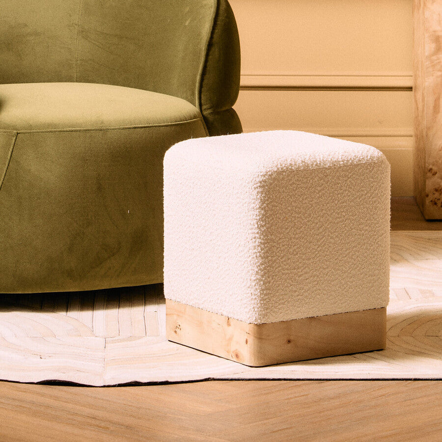 Mota Cream Boucle and Burl Wood Square Stool, 34 cm