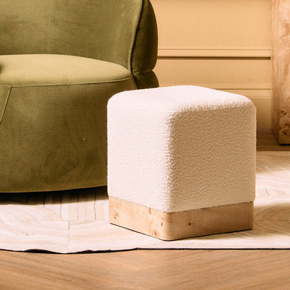 Mota Cream Boucle and Burl Wood Square Stool, 34 cm