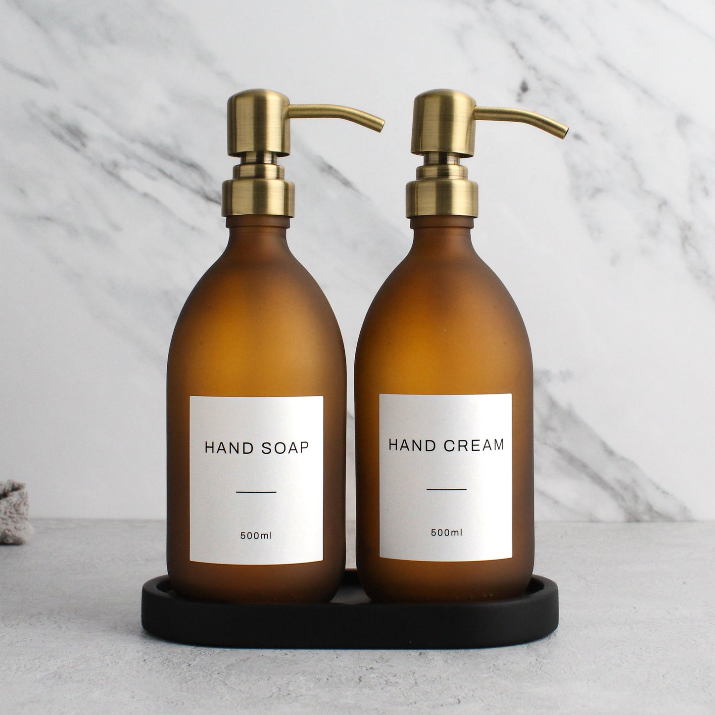 Namie Frosted Amber Glass Soap Dispenser Double Set with Black Concrete Tray
