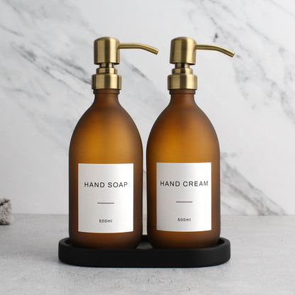 Namie Frosted Amber Glass Soap Dispenser Double Set with Black Concrete Tray
