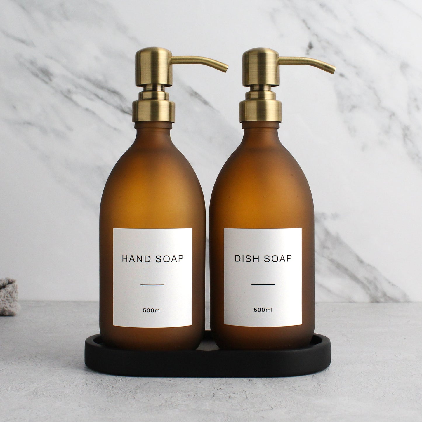 Namie Frosted Amber Glass Soap Dispenser Double Set with Black Concrete Tray