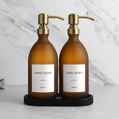 Namie Frosted Amber Glass Soap Dispenser Double Set with Black Concrete Tray