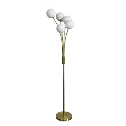 Pagazzi Jackson 5 Light Floor Lamp Brushed Gold with White Glass Globes 139 cm