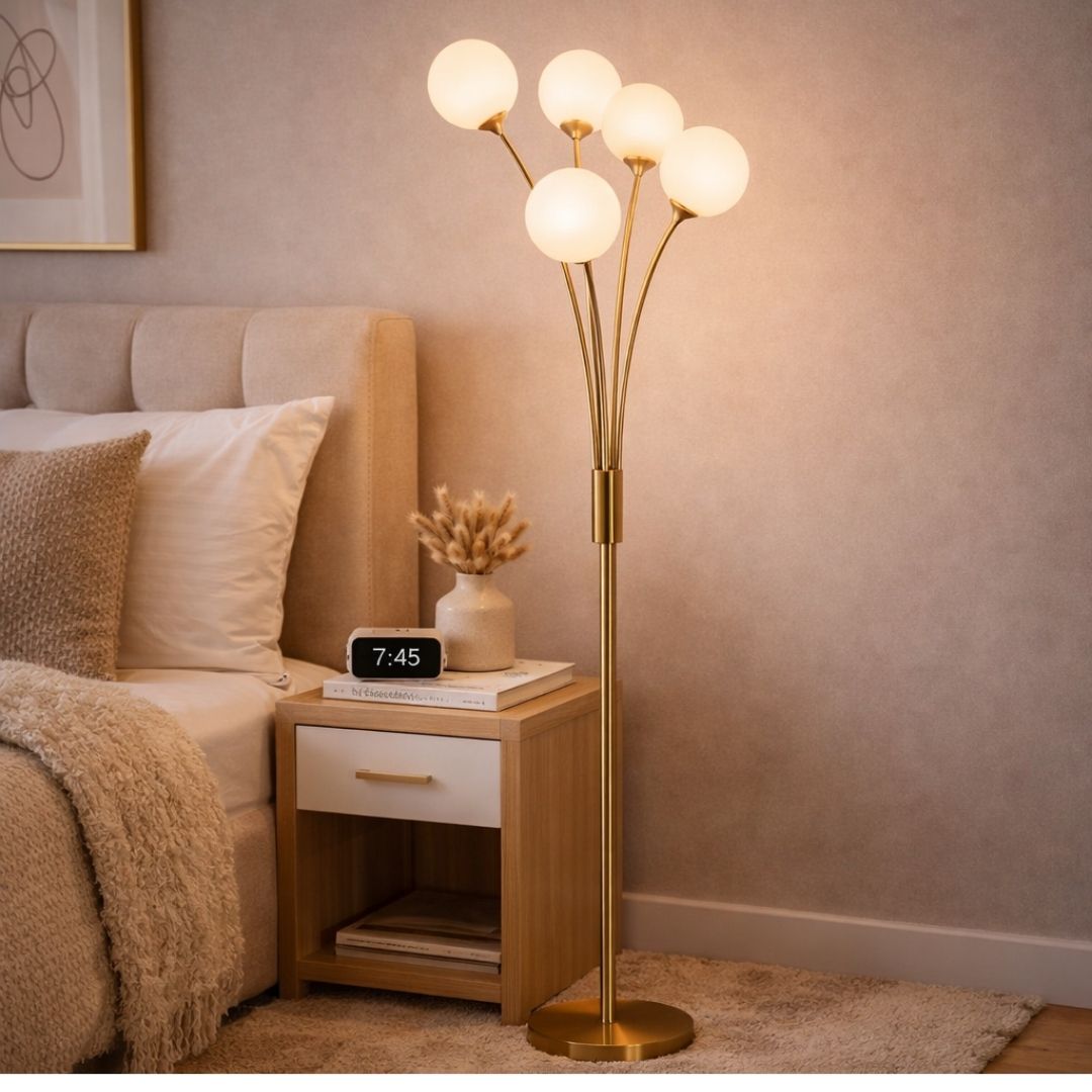 Pagazzi Jackson 5 Light Floor Lamp Brushed Gold with White Glass Globes 139 cm