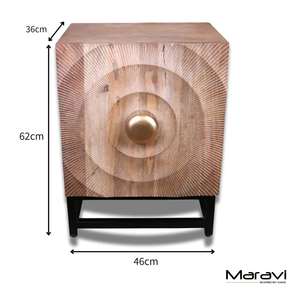 Parika Mango Wood Bedside Cabinet, Carved Door, Black Metal Base