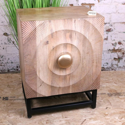Parika Mango Wood Bedside Cabinet, Carved Door, Black Metal Base