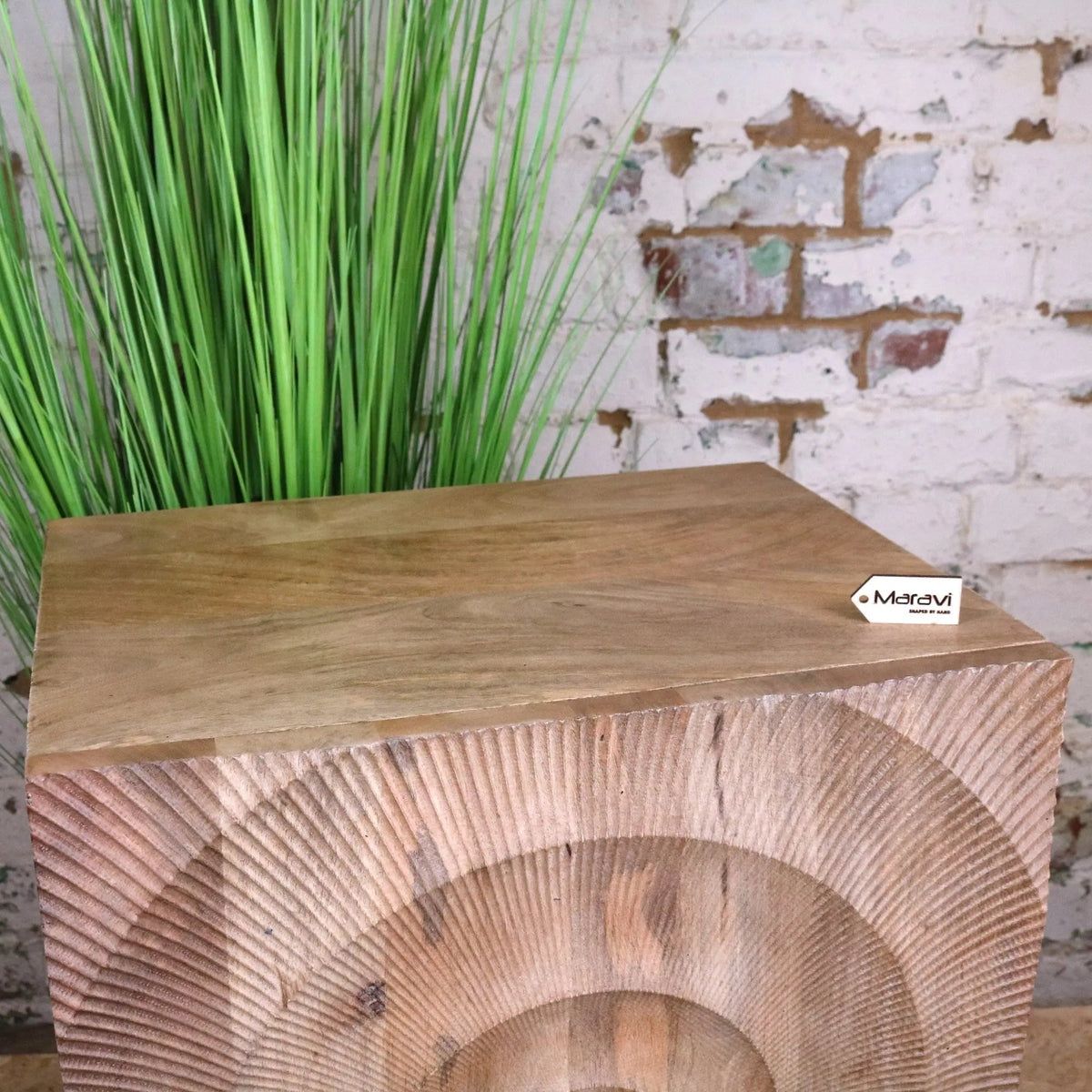 Parika Mango Wood Bedside Cabinet, Carved Door, Black Metal Base