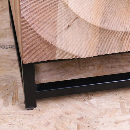 Parika Mango Wood Bedside Cabinet, Carved Door, Black Metal Base