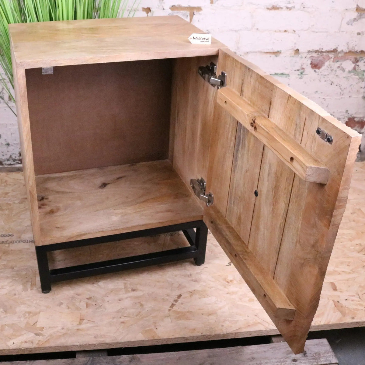 Parika Mango Wood Bedside Cabinet, Carved Door, Black Metal Base