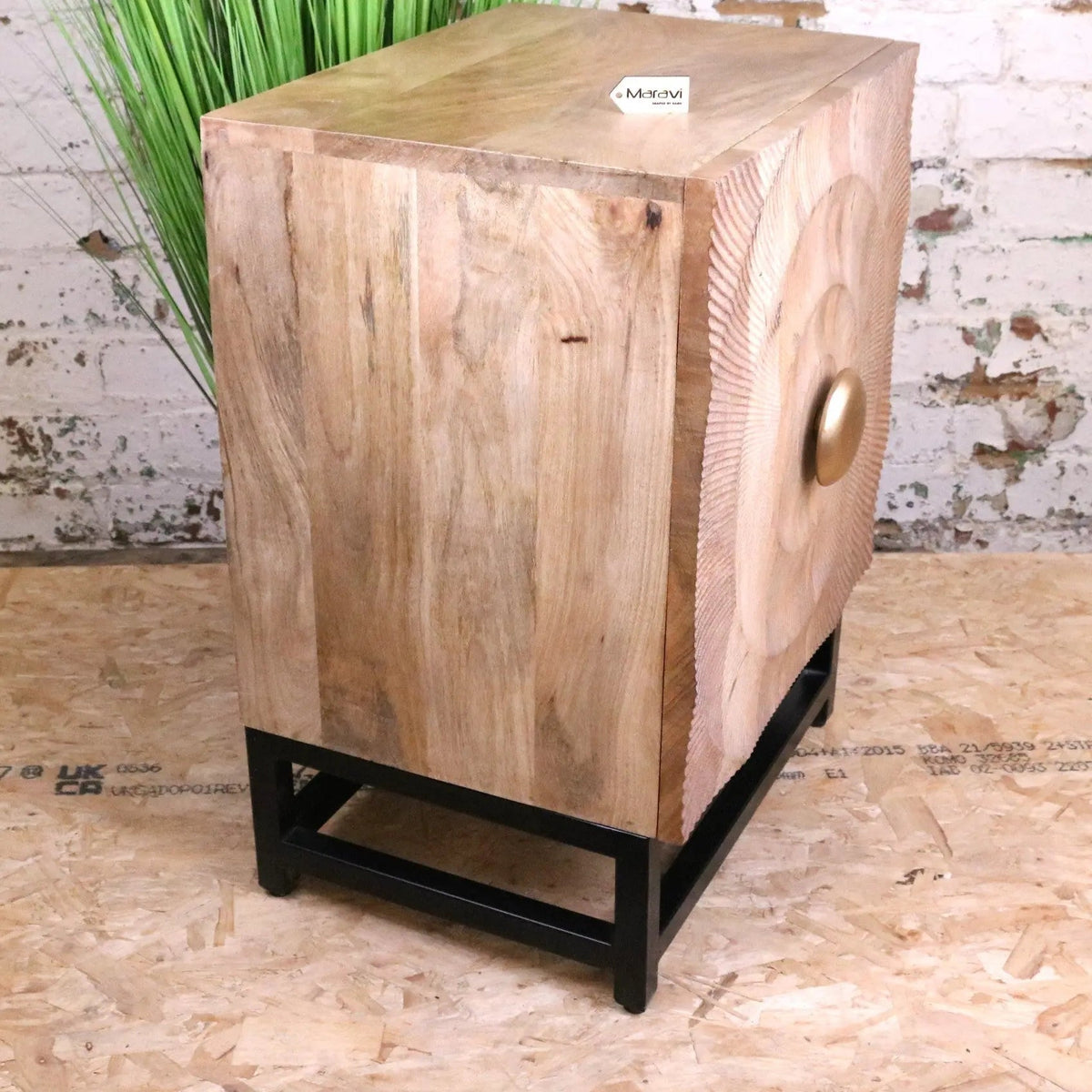 Parika Mango Wood Bedside Cabinet, Carved Door, Black Metal Base