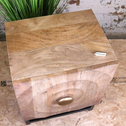 Parika Mango Wood Bedside Cabinet, Carved Door, Black Metal Base