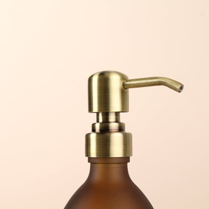 Namie Frosted Amber Glass Soap Dispenser Triple Set with Acacia Wood Tray