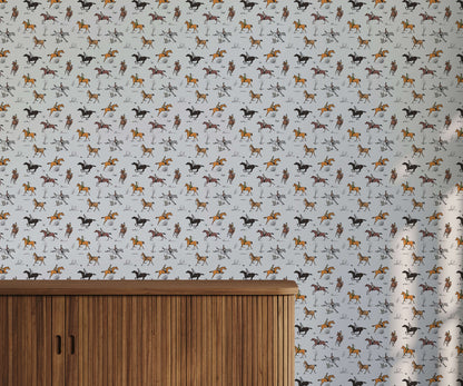 Wallpaper with dog pattern on a light gray background, featuring a wooden cabinet below.