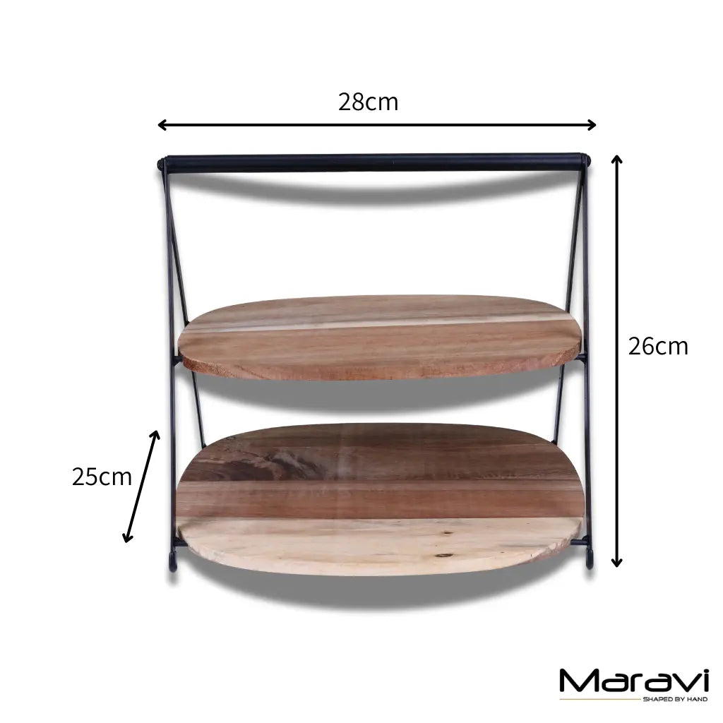 Revika Mango Wood and Black Metal 2 Tier Cake Stand