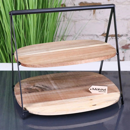 Revika Mango Wood and Black Metal 2 Tier Cake Stand