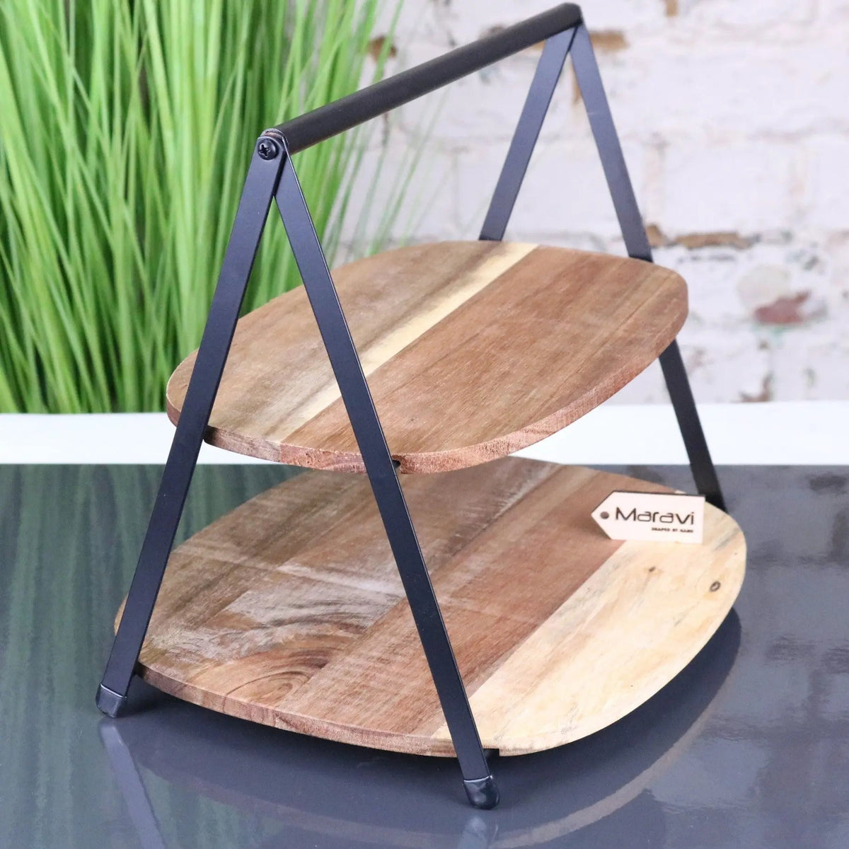 Revika Mango Wood and Black Metal 2 Tier Cake Stand