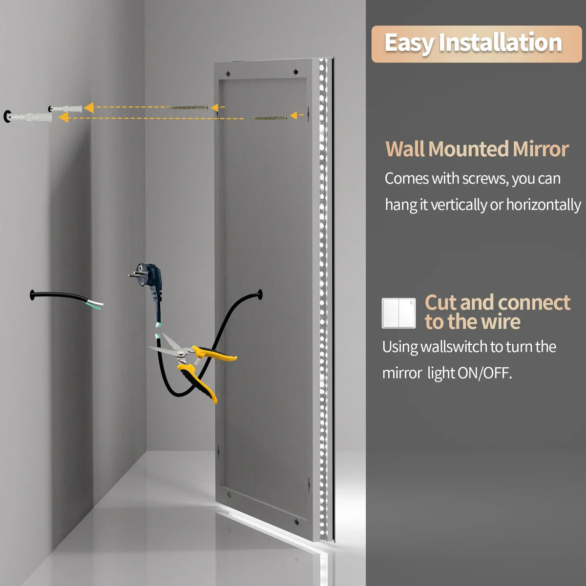 Extra-Large Illuminated LED Bathroom Mirror – Front and Backlit, Wall-Mounted Anti-Fog Touch Vanity Mirror