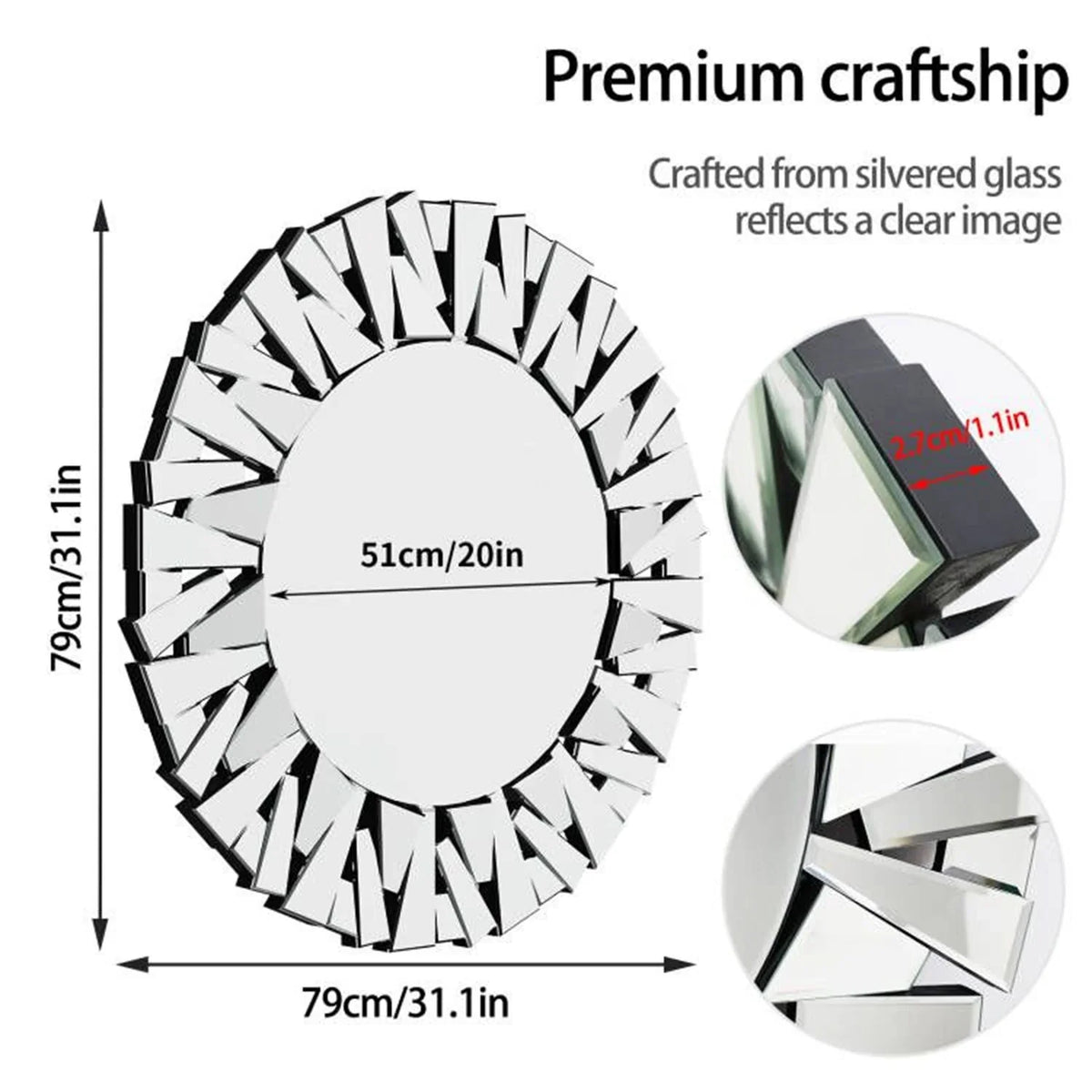 Sunburst Decorative Wall Mirror – Round 800mm Silver Bevelled Glass Bathroom Accent Mirror