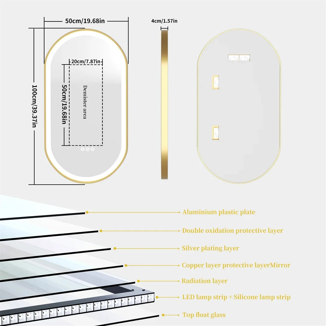 LUVODI Luxury Oval LED Illuminated Bathroom Mirror – Gold Aluminium Frame with Demister Pad