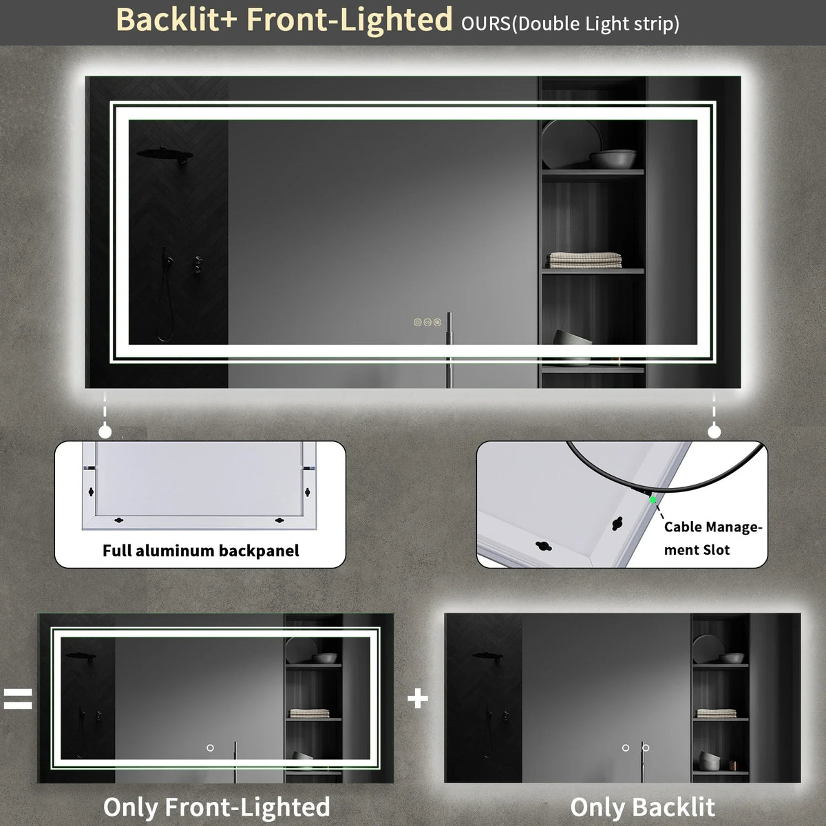 Extra-Large Illuminated LED Bathroom Mirror – Front and Backlit, Wall-Mounted Anti-Fog Touch Vanity Mirror