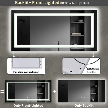 Extra-Large Illuminated LED Bathroom Mirror – Front and Backlit, Wall-Mounted Anti-Fog Touch Vanity Mirror