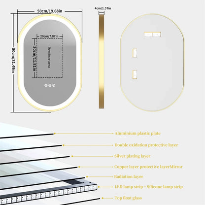 LUVODI Luxury Oval LED Illuminated Bathroom Mirror – Gold Aluminium Frame with Demister Pad