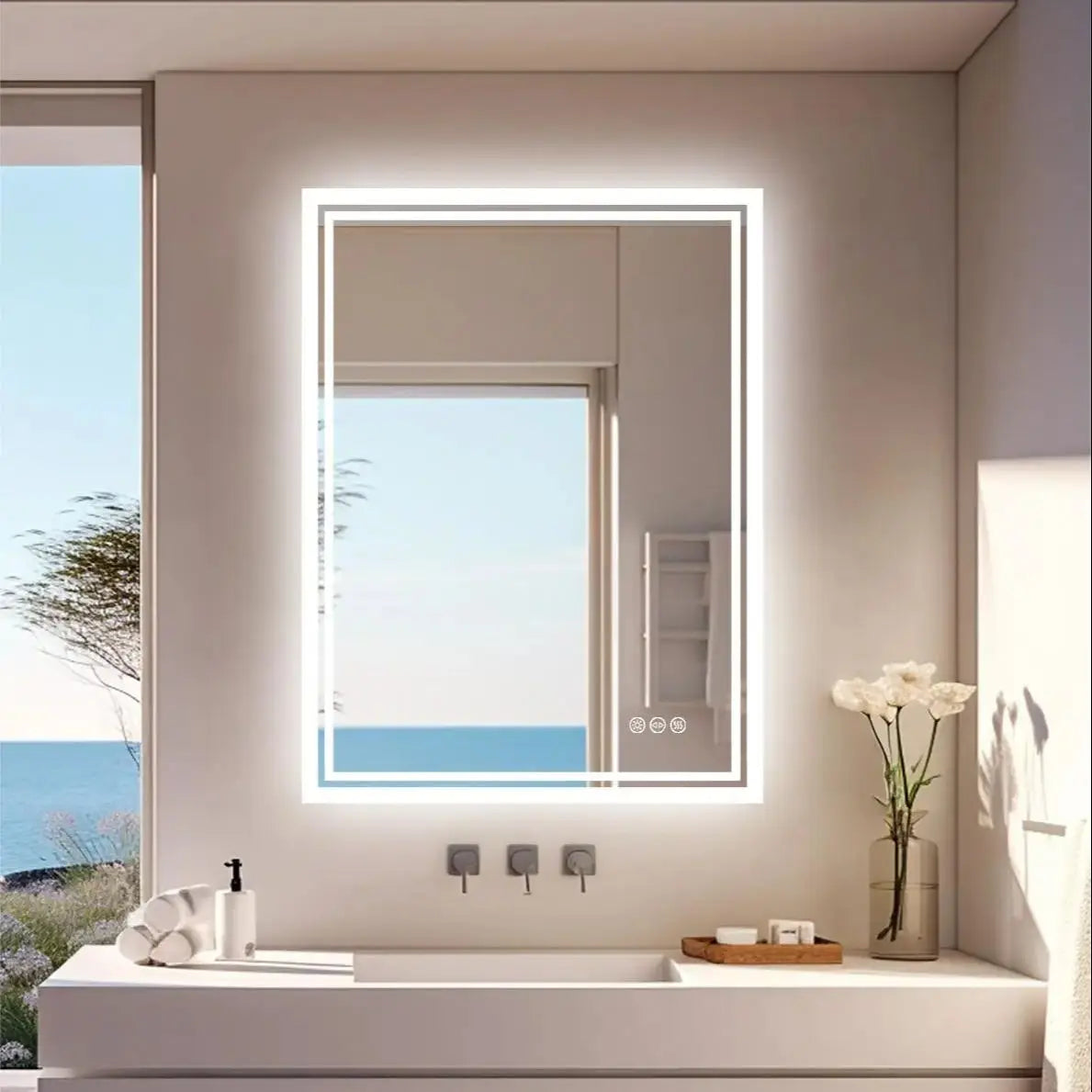 Rectangular Illuminated LED Bathroom Mirror – Wall-Mounted Anti-Fog Vanity Makeup Mirror with 3 Colour Touch Light