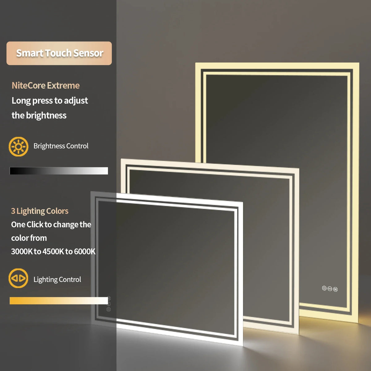 Rectangular Illuminated LED Bathroom Mirror – Wall-Mounted Anti-Fog Vanity Makeup Mirror with 3 Colour Touch Light