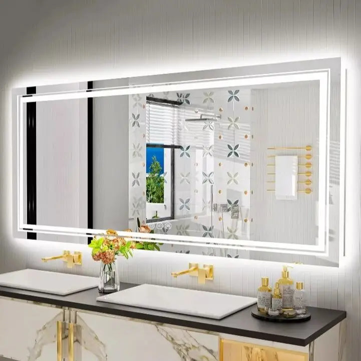 Extra-Large Illuminated LED Bathroom Mirror – Front and Backlit, Wall-Mounted Anti-Fog Touch Vanity Mirror