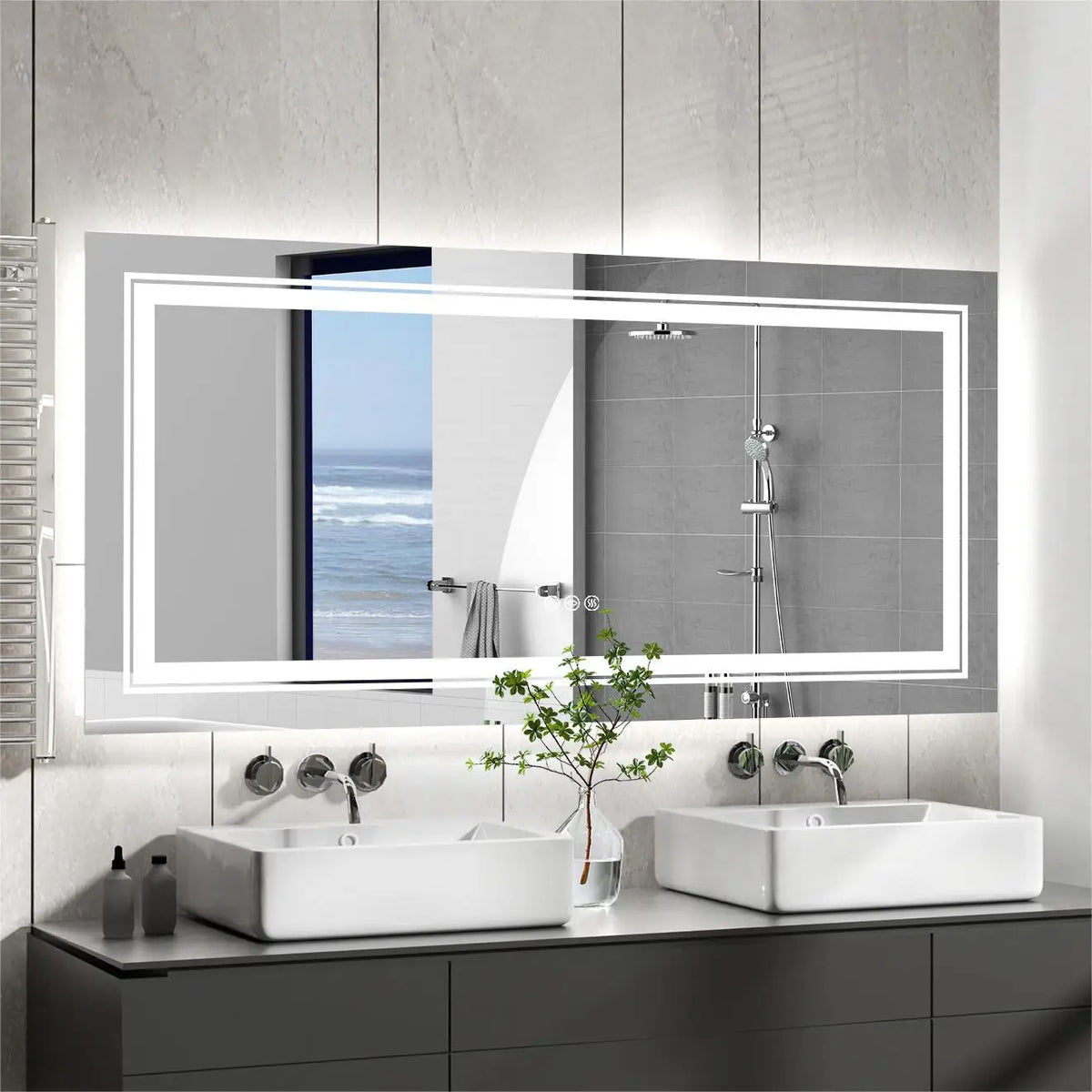 Extra-Large Illuminated LED Bathroom Mirror – Front and Backlit, Wall-Mounted Anti-Fog Touch Vanity Mirror