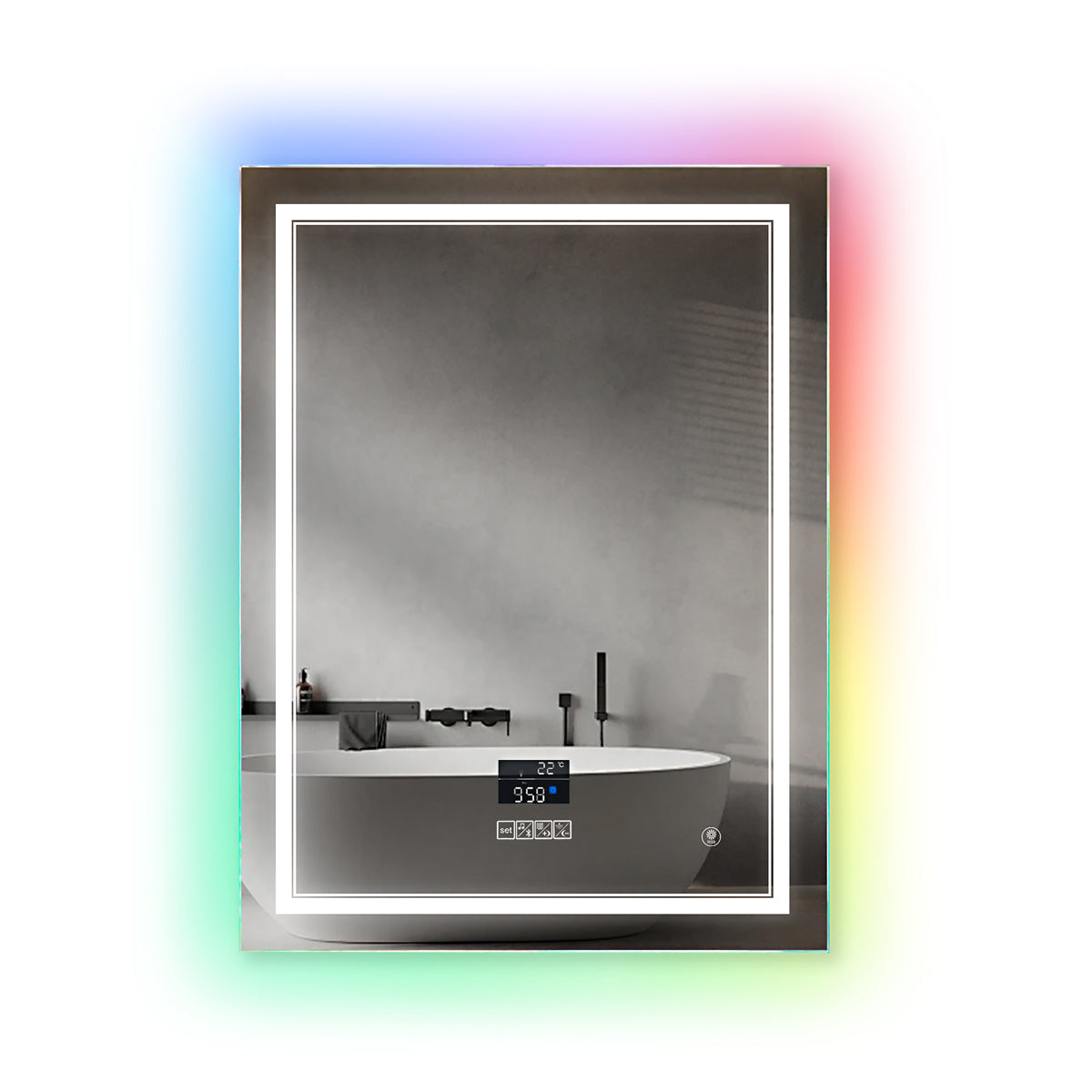 Rectangular LED Bathroom Mirror with Bluetooth Speaker and RGB Border – Anti-Fog Heated Demister, CCT Lighting, IP44